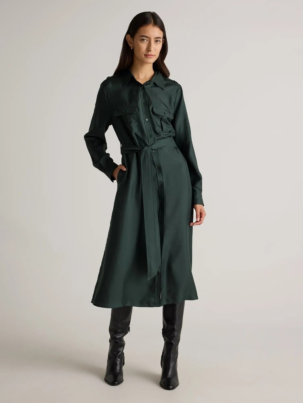 Quince 100% Silk Twill Utility Shirt Dress, Forest Green (S)